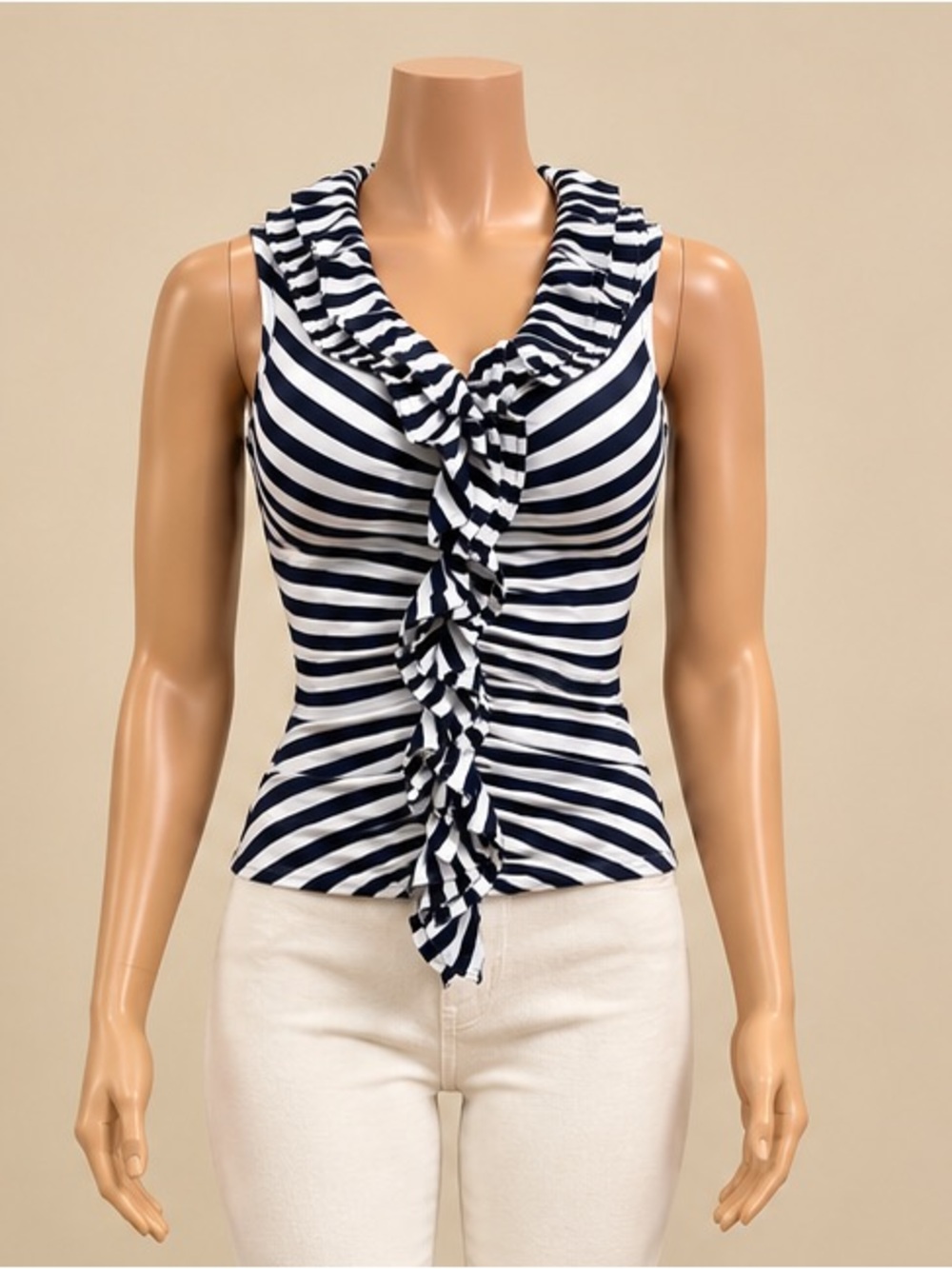 Express Navy White Striped Cascading Ruffle V Neck Sleeveless Top XS